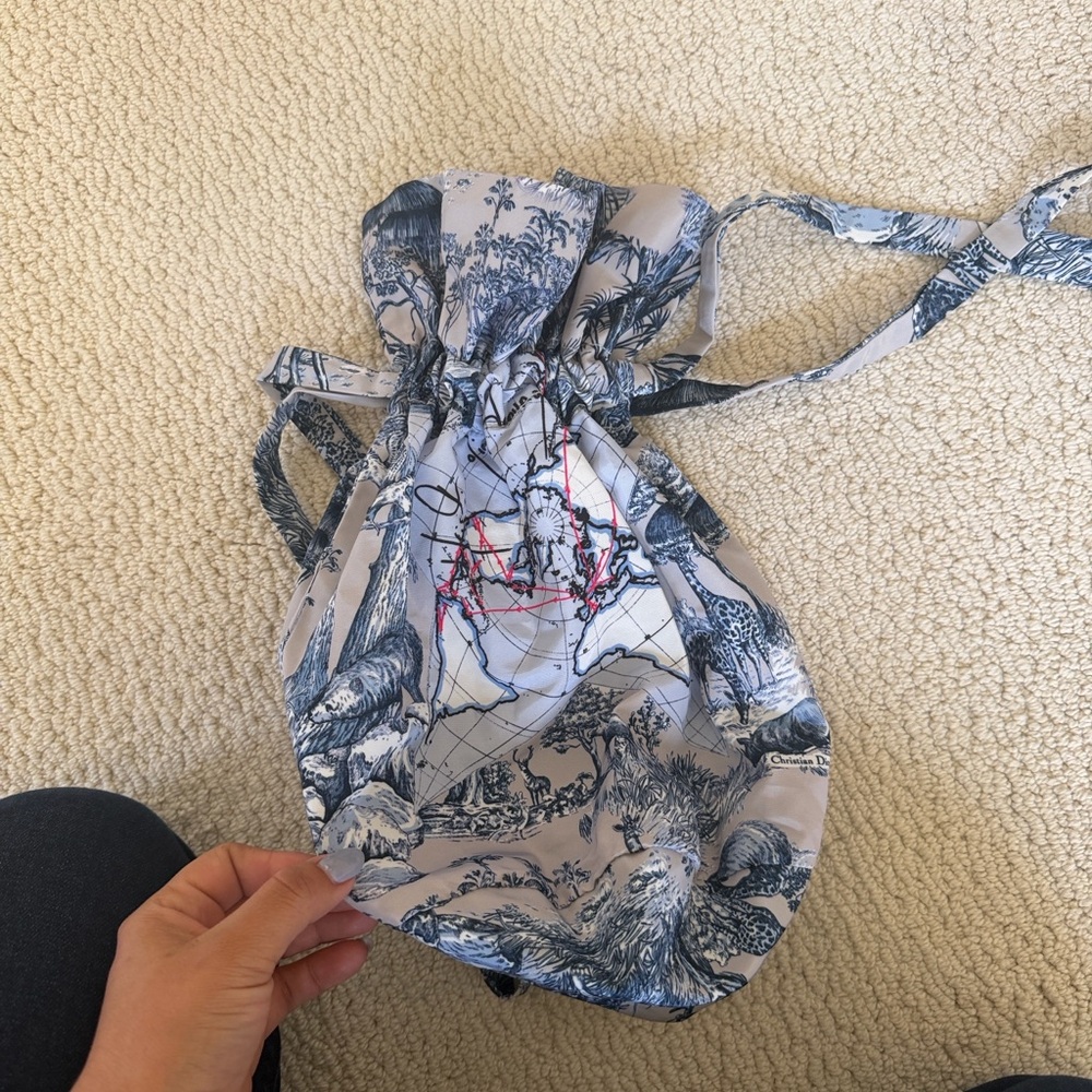 Dior Toile Drawstring Pouch in Blue and White with Pink Accent